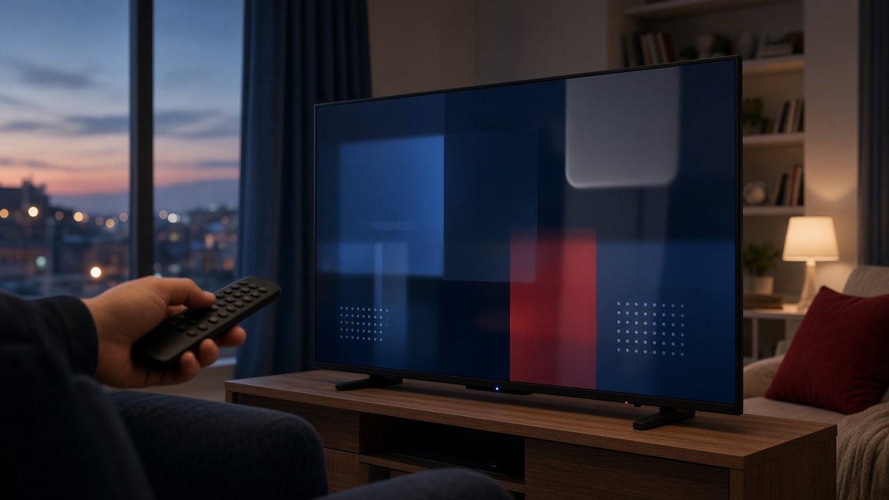A smart television settings screen in a modern living room