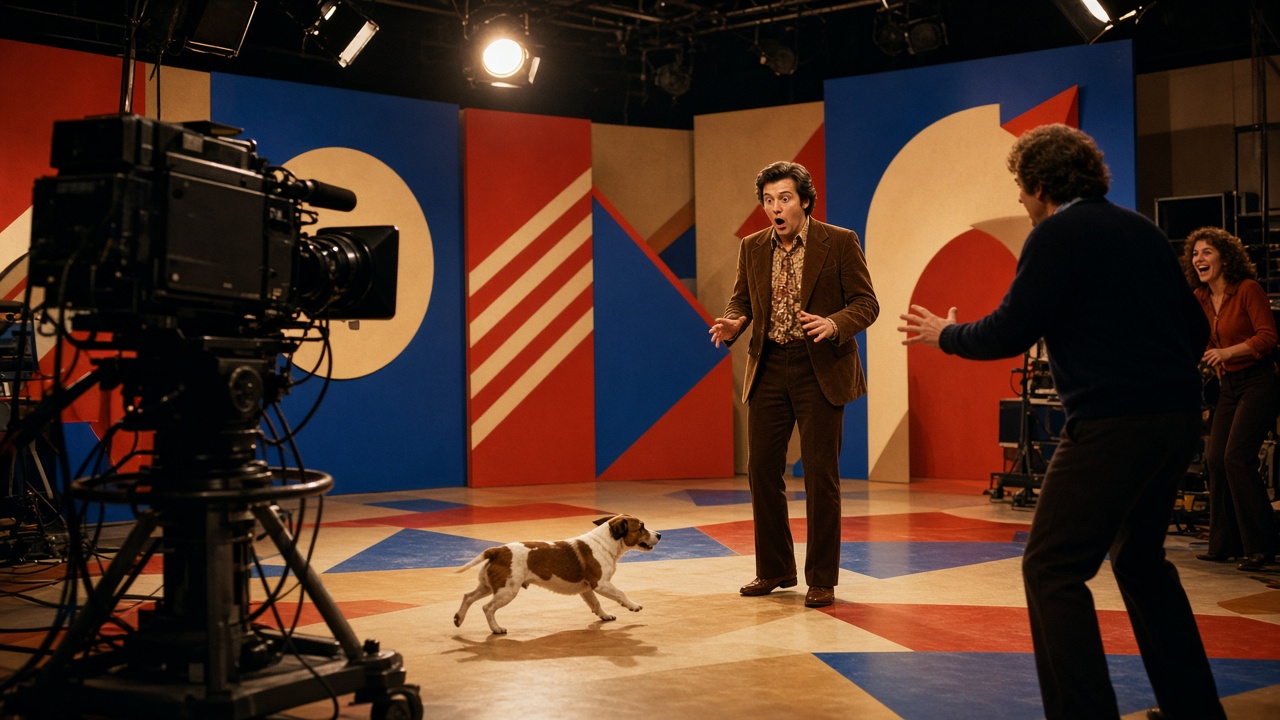 A playful interruption in a colourful television studio