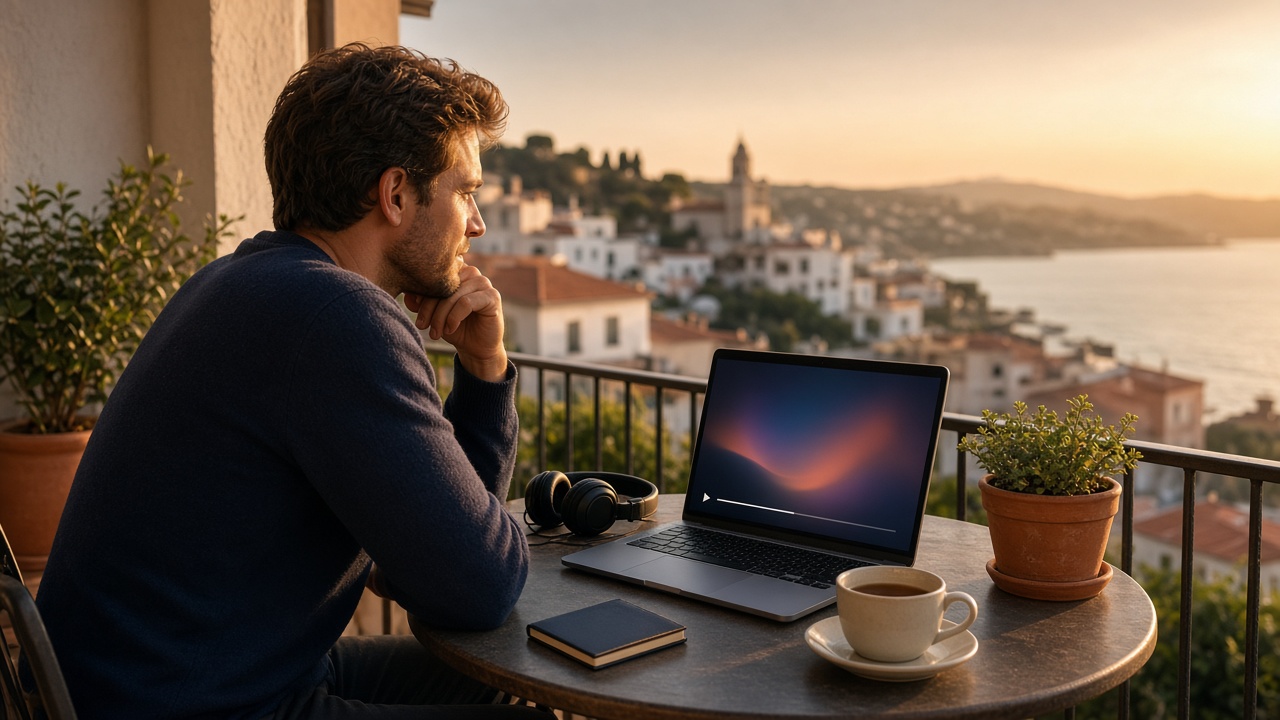 A traveller watching television on a laptop abroad